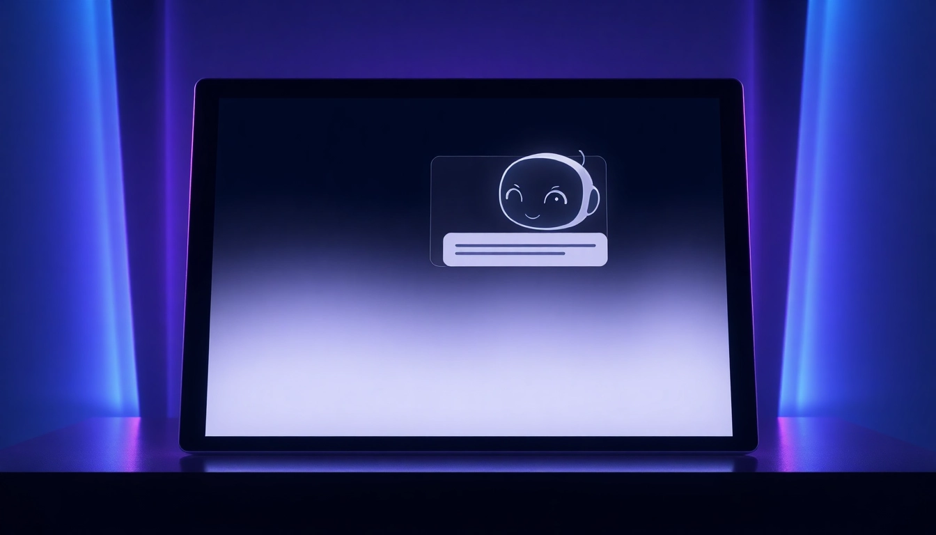 Futuristic AI chatbot interface on a glowing screen with a digital character in a modern setting.