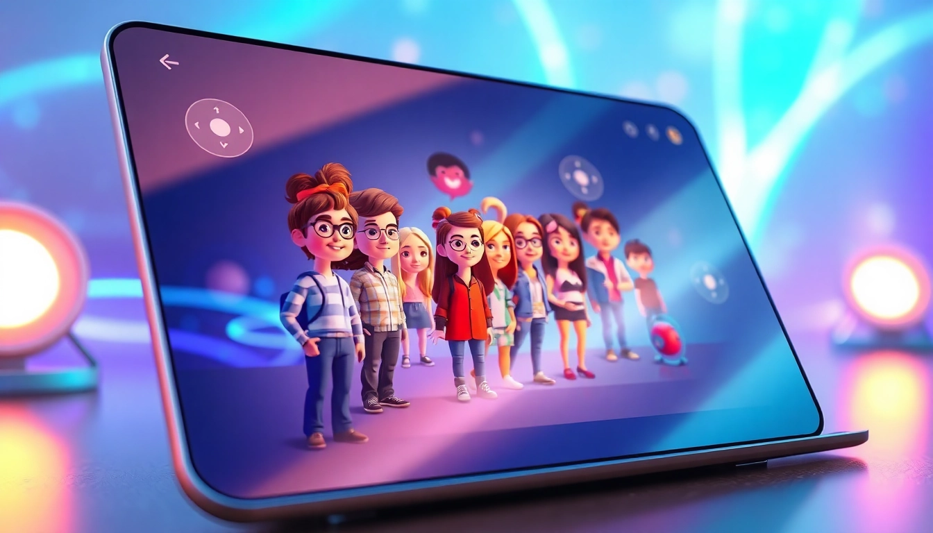 Digital artwork of a futuristic chat interface with diverse AI characters in a high-tech environment.