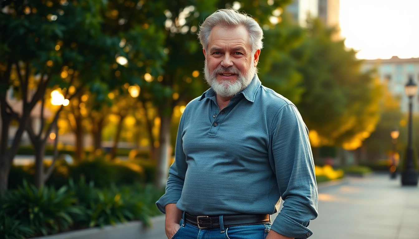 An attractive older man with a beard and confident stance in a park during sunset.