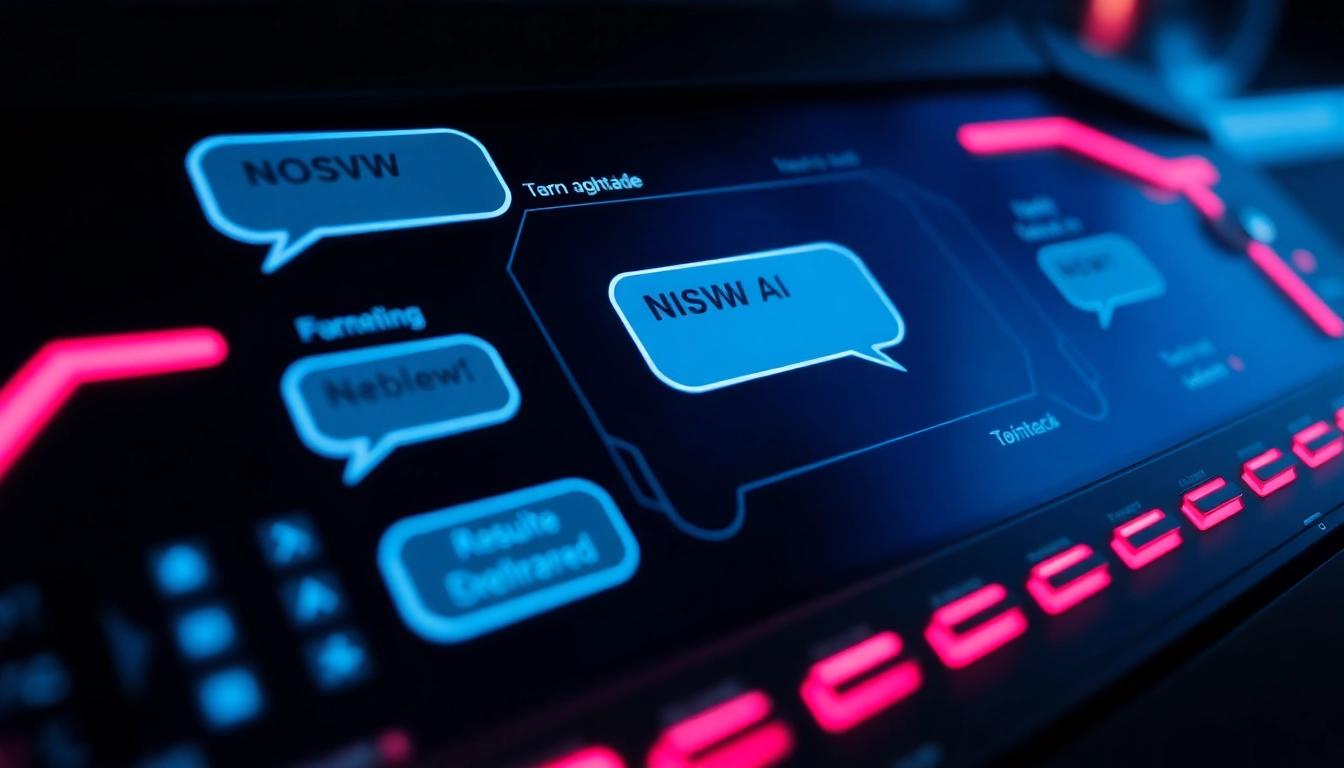 Elegant illustration of NSFW AI chat interface with glowing chat bubbles, highlighting unfiltered AI conversations for mature users.