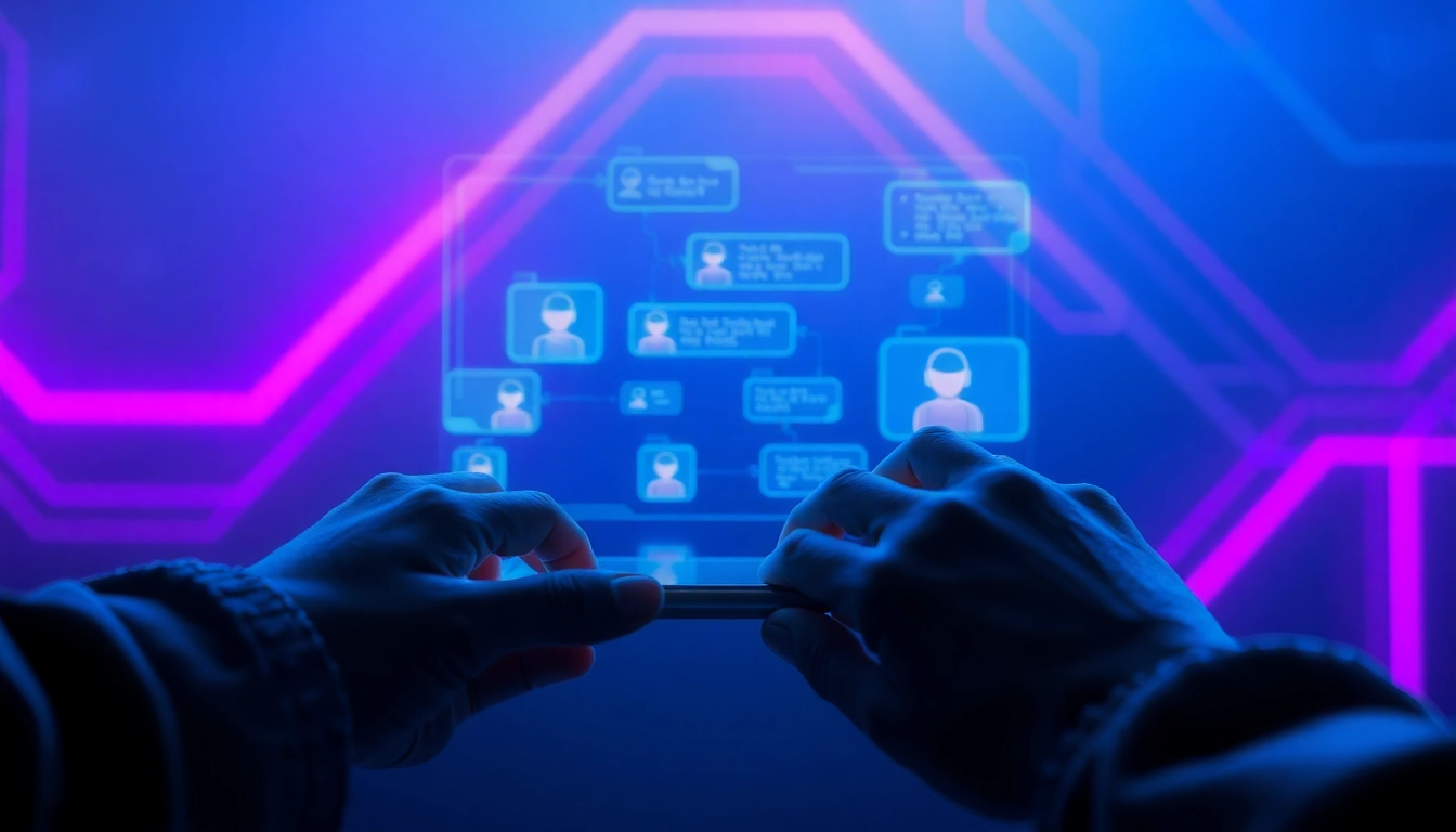 Futuristic digital chat environment with glowing AI avatars and user interaction on a tablet.