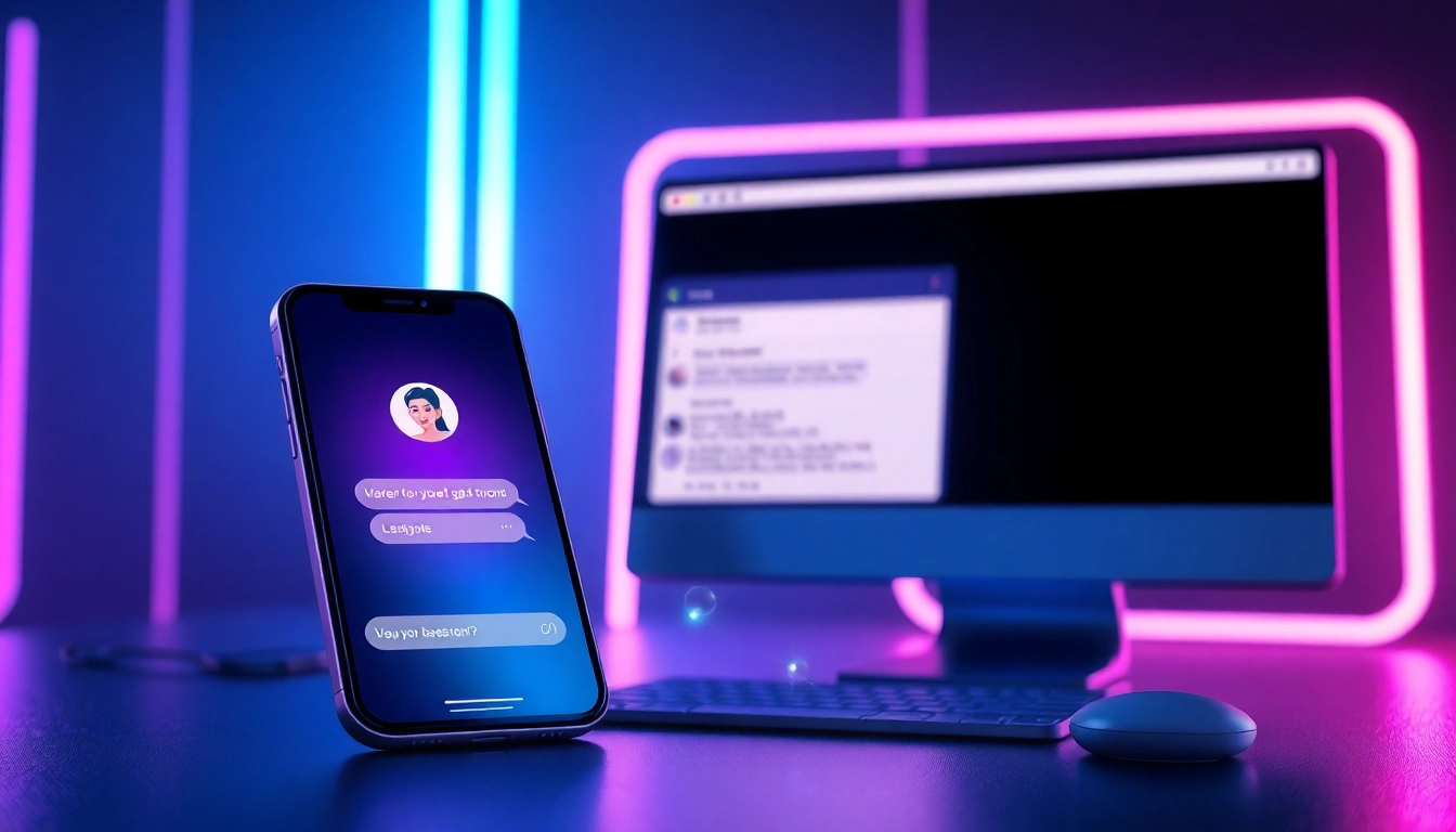 Futuristic AI chatbot interface on smartphone and desktop with neon accents and holographic data streams.