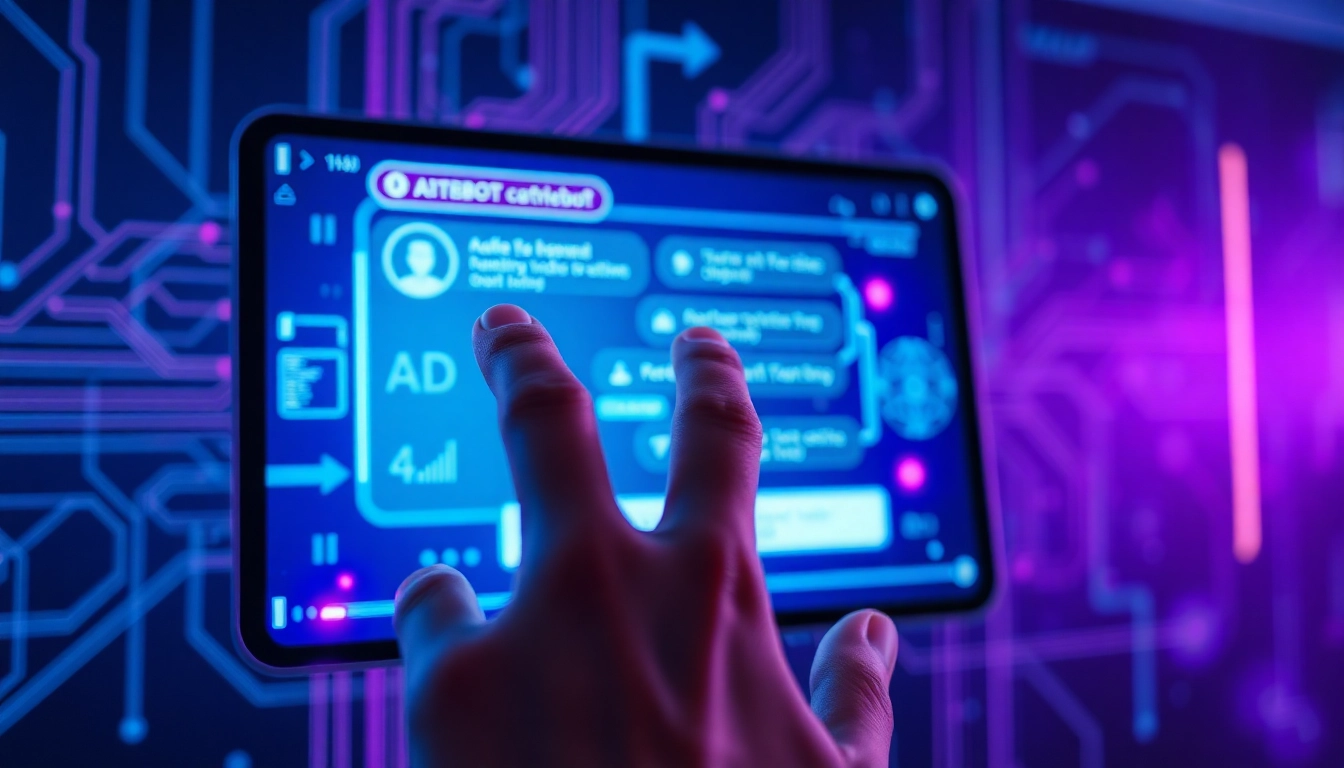 An advanced AI chatbot interface on a digital screen with neon glow and futuristic background textures.