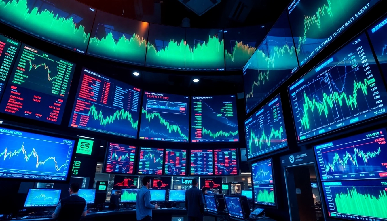 Stock Market Updates and financial analysis on digital trading screens with active traders in